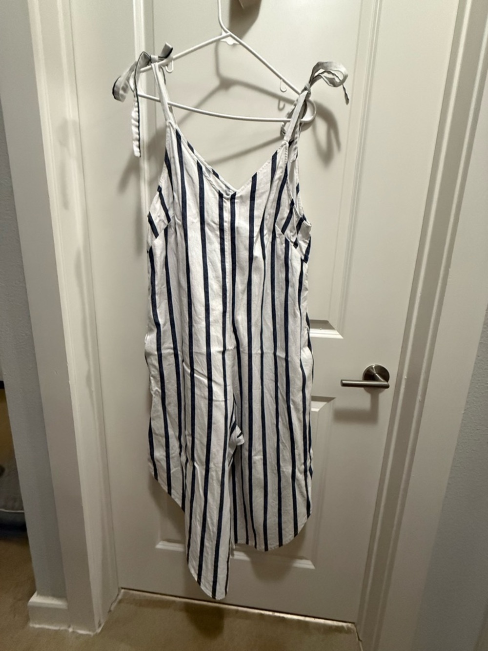 Vince Camuto White and Navy Striped Tie-Shoulder Jumpsuit
